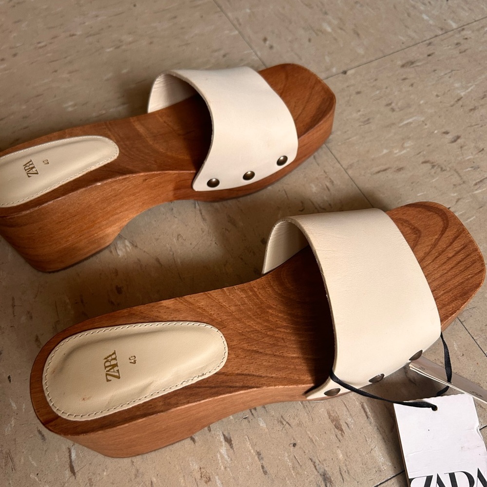 Zara Cream Leather Wooden Mules